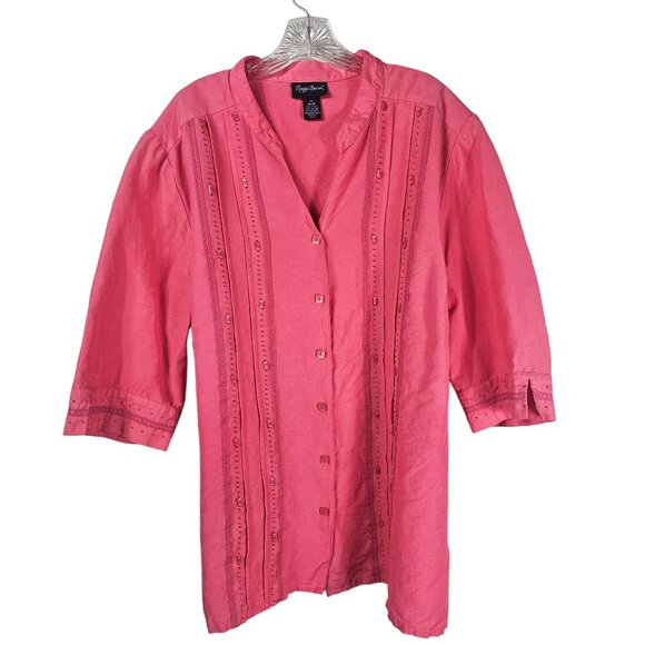 VTG Maggie Barnes Pink Linen Button-Up Shirt Sz 1X Embellished Oversized Scandi - Picture 1 of 9